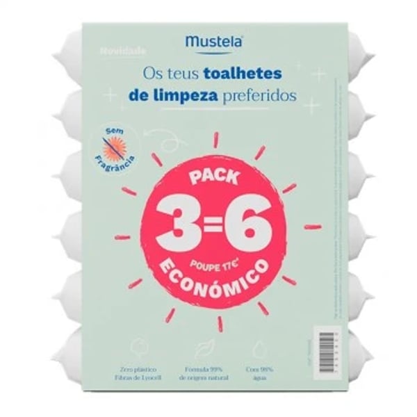 Mustela Bebé Toalhetes de Limpeza de Água sem Perfume 3=6